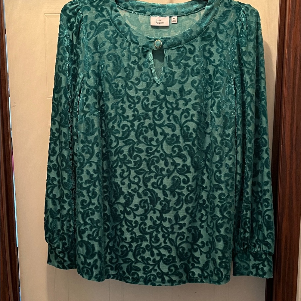 Kim Rogers Green Velvet Burnout Keyhole Long-Sleeve Top